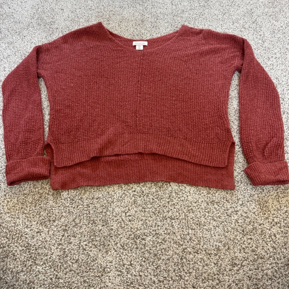 Waffle Knit V-Neck Sweater Rust Boho comfort Thermal Preppy Large
